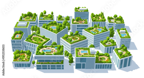 Sustainable city concept with green rooftops and urban gardens on modern buildings