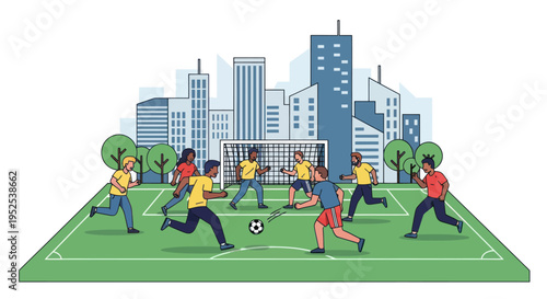 Diverse group playing soccer on urban field with city skyline background