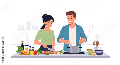 Happy Couple Cooking Healthy Food Together in a Modern Kitchen