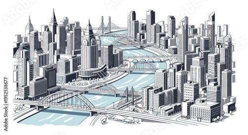 Modern Cityscape Illustration with Rivers and Bridges, Architectural Skyline