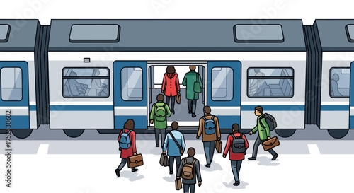 People Boarding Commuter Train with Open Doors, Urban Commute Scene