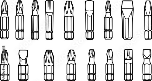 Tools  Hardware: Black and White Line Art Vector Set of Diverse Screwdriver Bits and Driver Heads for Construction, DIY, and Automotive Industries