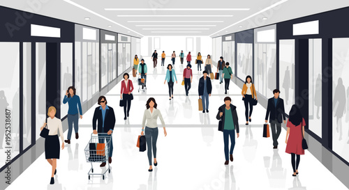 Shoppers in a modern, bright indoor shopping mall hallway with storefronts and light.