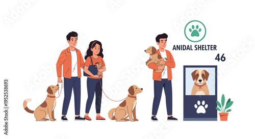 People Adopting Dogs from Animal Shelter, Volunteers Helping Pets Find Homes