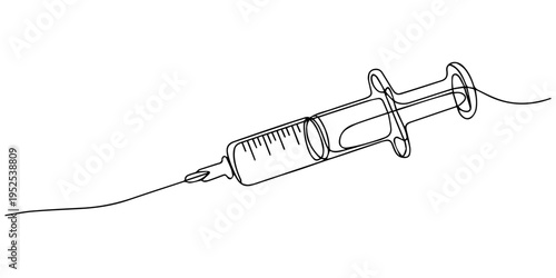 medical syringe continuous one line drawing, Vaccine and syringe in continuous one line drawing minimalist style isolated on white background, Artistic syringe icon continuous one line minimalist