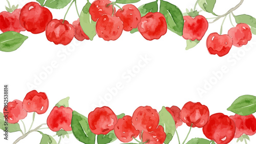 Watercolor-style fresh acerola fruit illustration, ripe red cherry for vitamin C and beauty　水彩　アセロラ