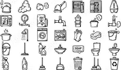 Household Cleaning and Appliances Doodle Line Art Icons Set - Black  White Hand-Drawn Collection for Home Maintenance and Water-Related Tasks