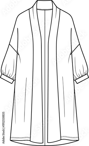 Long open-front coat fashion sketch, shawl collar cardigan design, relaxed fit garment drawing, cad drawing flat vector illustration