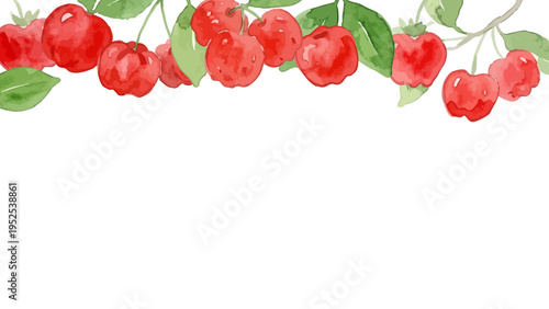 Watercolor-style fresh acerola fruit illustration, ripe red cherry for vitamin C and beauty　水彩　アセロラ