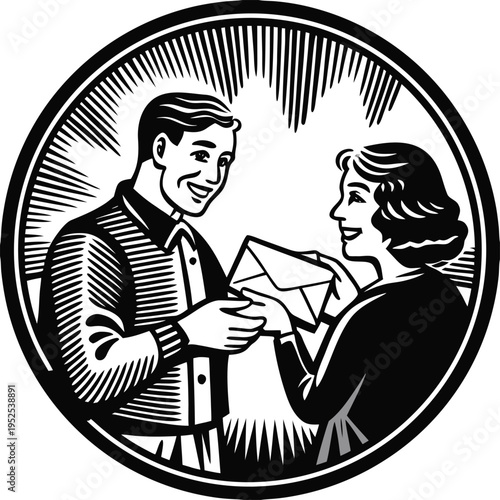 Black and white vintage vector illustration of man and woman exchanging envelope