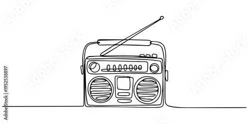 radio continuous one line drawing, Continuous one line drawing of retro radio player. Vintage radio player in single line draw illustration., One continuous line drawing of retro old classic radio