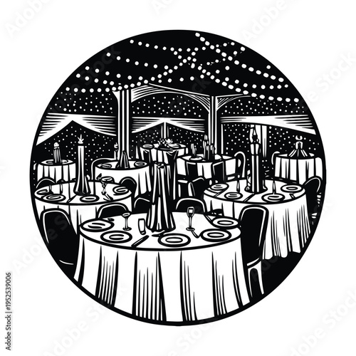 Black and white vector illustration of a formal event space with round tables