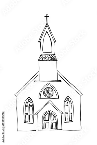Doodle Christian Church building with tower illustration. Hand drawn vector facade of religious church building isolated on white background