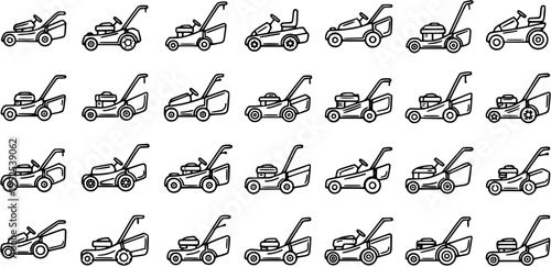 Black and White Line Art Icons of Various Lawn Mowers, Gardening Equipment, Yard Tools