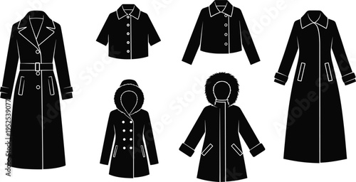 Men’s and women’s coat vector illustration, CAD style fashion sketch, black silhouette outerwear design, trench, parka, cropped jacket