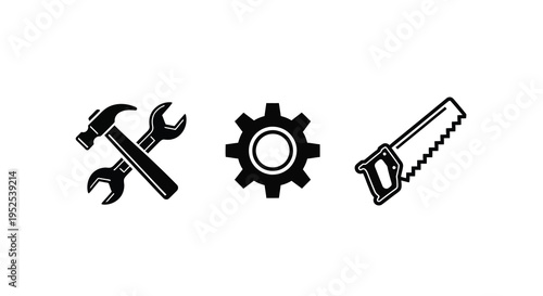 Construction tools including a hammer wrench gear and saw silhouette