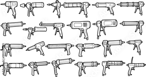 Black and White Line Art Collection of Various Caulking Guns, DIY Tools, Construction Supplies