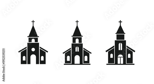 Three distinct church building icons presented in black silhouette