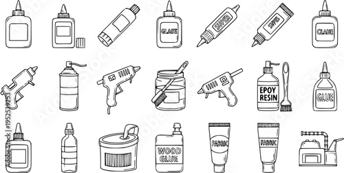 Black and White Line Art Hand-drawn Set of Craft and DIY Glues and Adhesives, Featuring Glue Guns, Bottles, Tubes, and Cans for Creative Projects