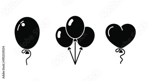 Black balloons in various shapes float against a white background silhouette