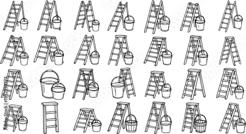Black and White Line Art of Ladders and Buckets, Construction and DIY Tools Pattern