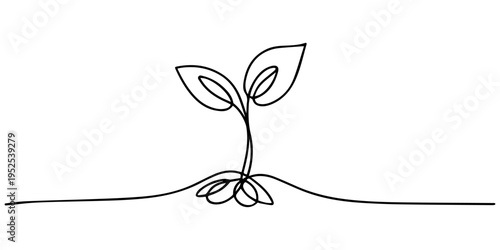 plant sprout growing continuous one line drawing, Continuous one line drawing of a young plant sprout with two leaves growing from the ground. Plant drawing with editable black stroke on white