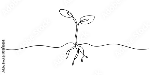 growth tree continuous one line drawing, Sprout with roots. Continuous one line drawing.one line  vector illustration  with out background, Continuous one line drawing of eco green tree with bush