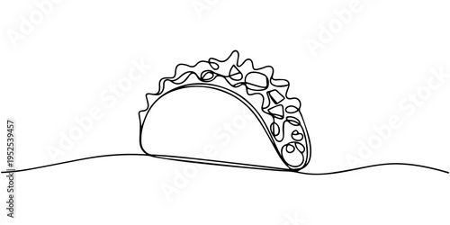 taco continuous one line drawing, Continuous Line Drawing of Taco Icon. Hand Drawn Symbol Vector Illustration, continuous single drawn one line taco hand-drawn picture silhouette. Mexican food tacos