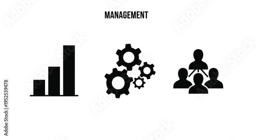 Management concepts illustrated with icons and a people silhouette