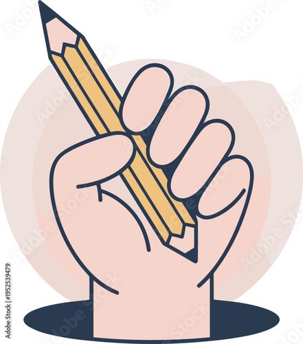 Close up of human hand holding yellow pencil for writing or drawing isolated on white background flat vector illustration