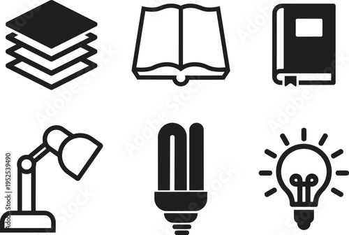 Education & Idea Symbols: Illustrative icons representing educational concepts, books, study, lamp, and the illumination of ideas, ideal for conveying learning, research, and innovation.