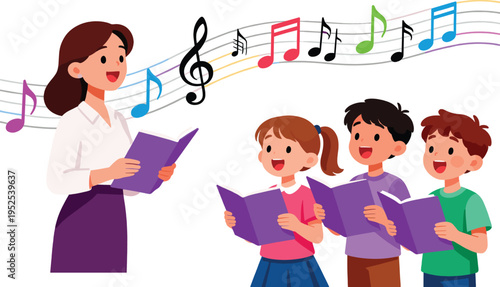 Music class illustration, choir practice scene, singing children and teacher, musical notes vector, flat design, cad drawing flat vector illustration