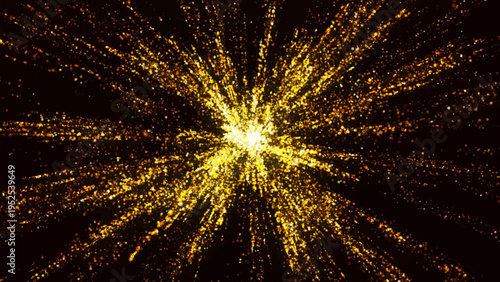 A vibrant explosion of golden particles erupts from the center of the composition. Glowing sparks create a fireworks effect. The illustration conveys a sense of celebration, luxury, and dynamic