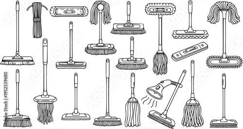 Household Cleaning Tools Collection: Hand-Drawn Black and White Line Art Set of Various Mops, Brushes, and Floor Cleaning Equipment