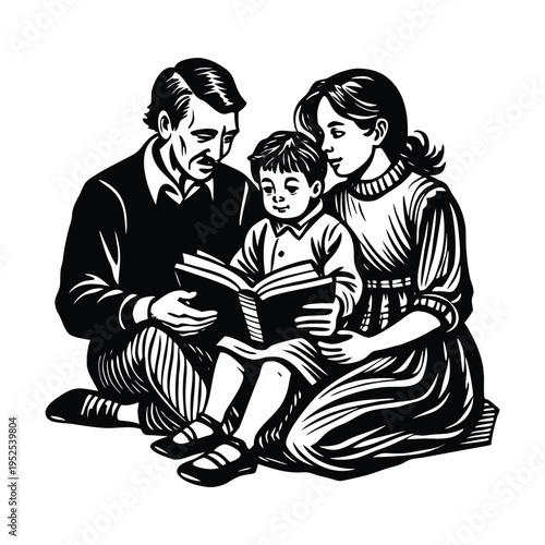 Vector illustration of family reading book together