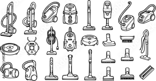 Black and White Line Art Icons of Various Vacuum Cleaners and Attachments, Household Cleaning Equipment