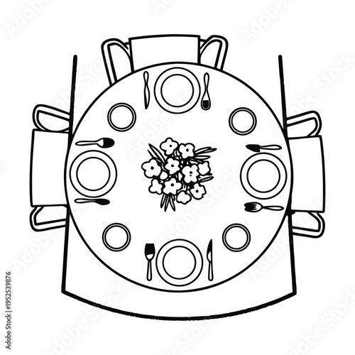 Vector illustration of a set table with flowers centerpiece