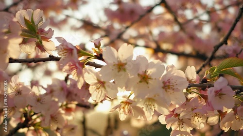 Delicate Cherry Blossom Branch with Soft Sunlight, Spring Floral Beauty, Macro Detail, Nature Photography, Blooming Trees