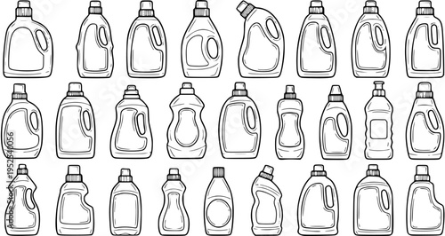 Black and White Line Art Vector of Assorted Cleaning Product Bottles, Laundry Detergent Containers