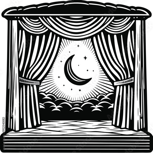Vector illustration of a stage with moon and stars behind curtains