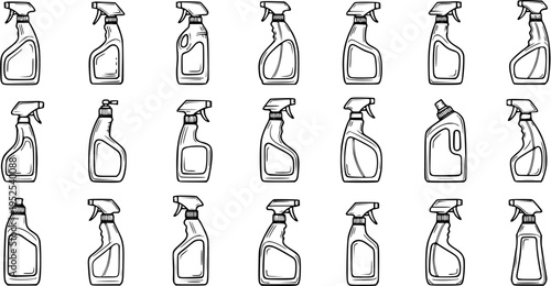 Hand-drawn Black and White Line Art Icons of Cleaning  Household Spray Bottles, Detergent  Product Containers - Hygiene  Disinfection Vector Set