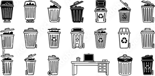 Waste Management and Office Environment Icons: Black and White Line Art Set of Trash Cans, Recycling Bins, and Rubbish Containers.