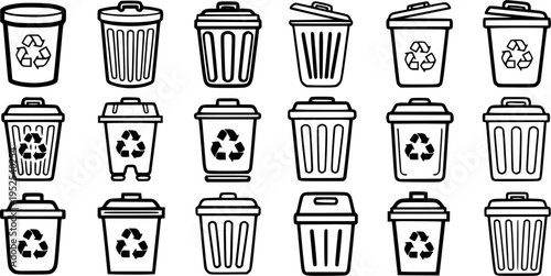 Black  White Line Art Icons Set of Recycling and Trash Bins for Environmental Waste Management, Household, and Public Service Concepts.