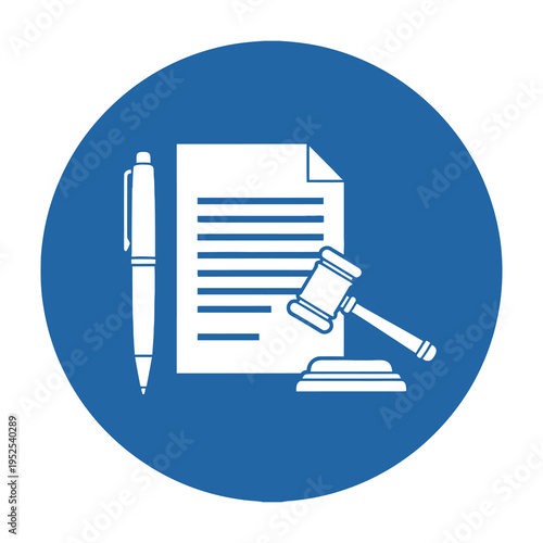 Official legal document symbolized with gavel and pen on blue background