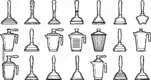 Household Cleaning  Kitchenware Black and White Line Art Collection of Various Plungers and Pitchers