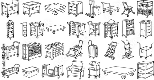 Black and White Line Art Icons: Diverse Service Carts, Trolleys, and Mobile Utility Equipment for Commercial, Industrial, and Hospitality Use.