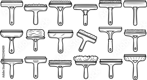 Household Cleaning Tools Black and White Line Art Icons. Collection of Various Squeegees and Brushes for Window Washing, Floor Scrubbing, and Surface Care.