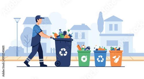 A garbage collector is pushing a recycling bin with other sorted bins in front of stylized houses.