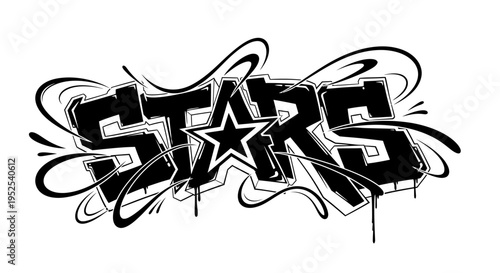 Graffiti Art "STARS" Word with Star Symbol, Urban Street Style, Black and White
