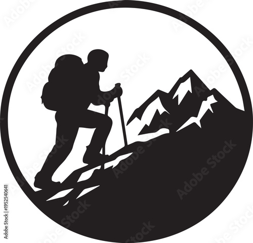 Silhouette of a hiker with a backpack and trekking poles climbing a mountain peak inside a circle Vector, illustration